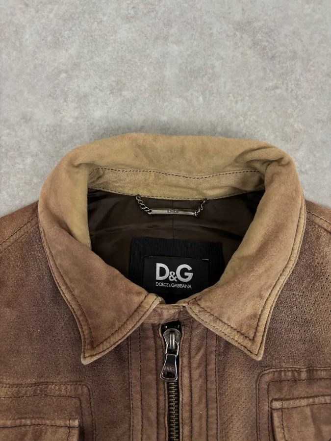 AW2008 Dolce & Gabbana Brown Perfored Aviator Classy Leather Jacket - Image 4