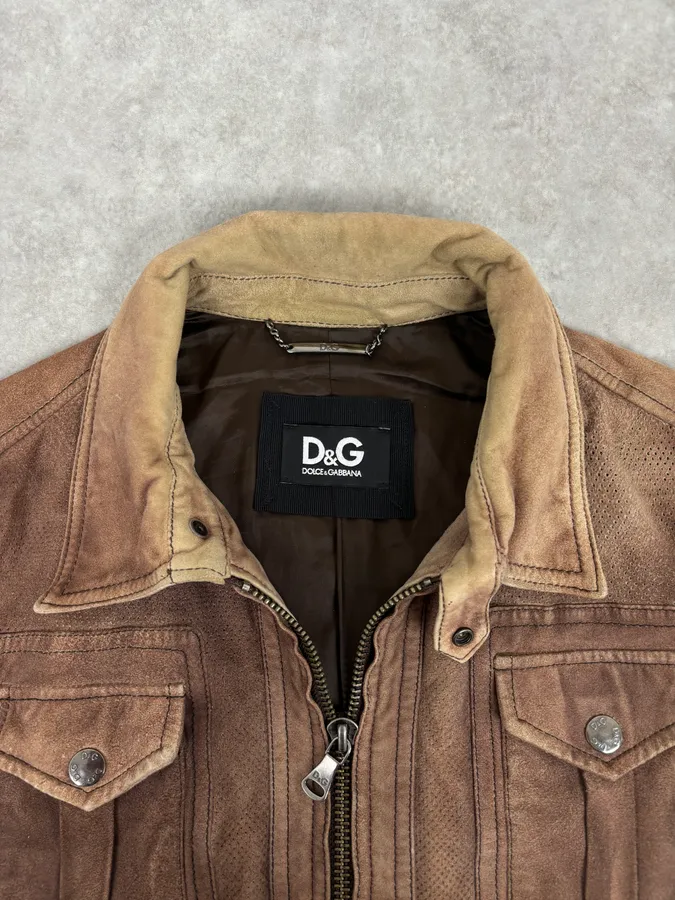 AW2008 Dolce & Gabbana Brown Perfored Aviator Classy Leather Jacket - Image 5