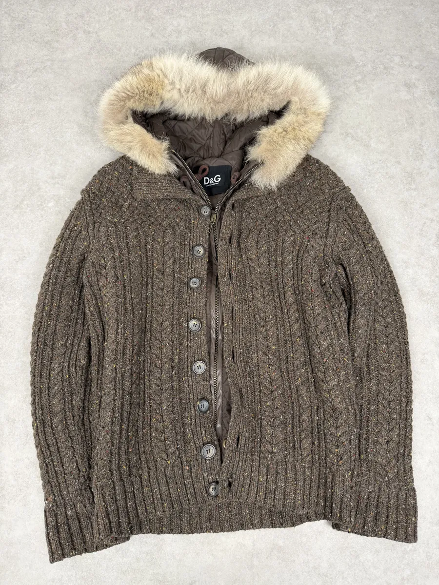 AW2008 Dolce & Gabbana Khaki Wool Layered Fur Collar Jacket - Image 9