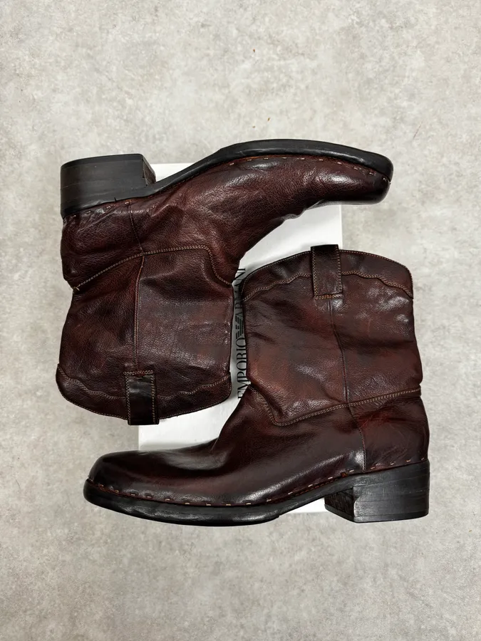 AW2008 Emporio Armani Leather Brown Eroded Cowboy Boots - Image 2