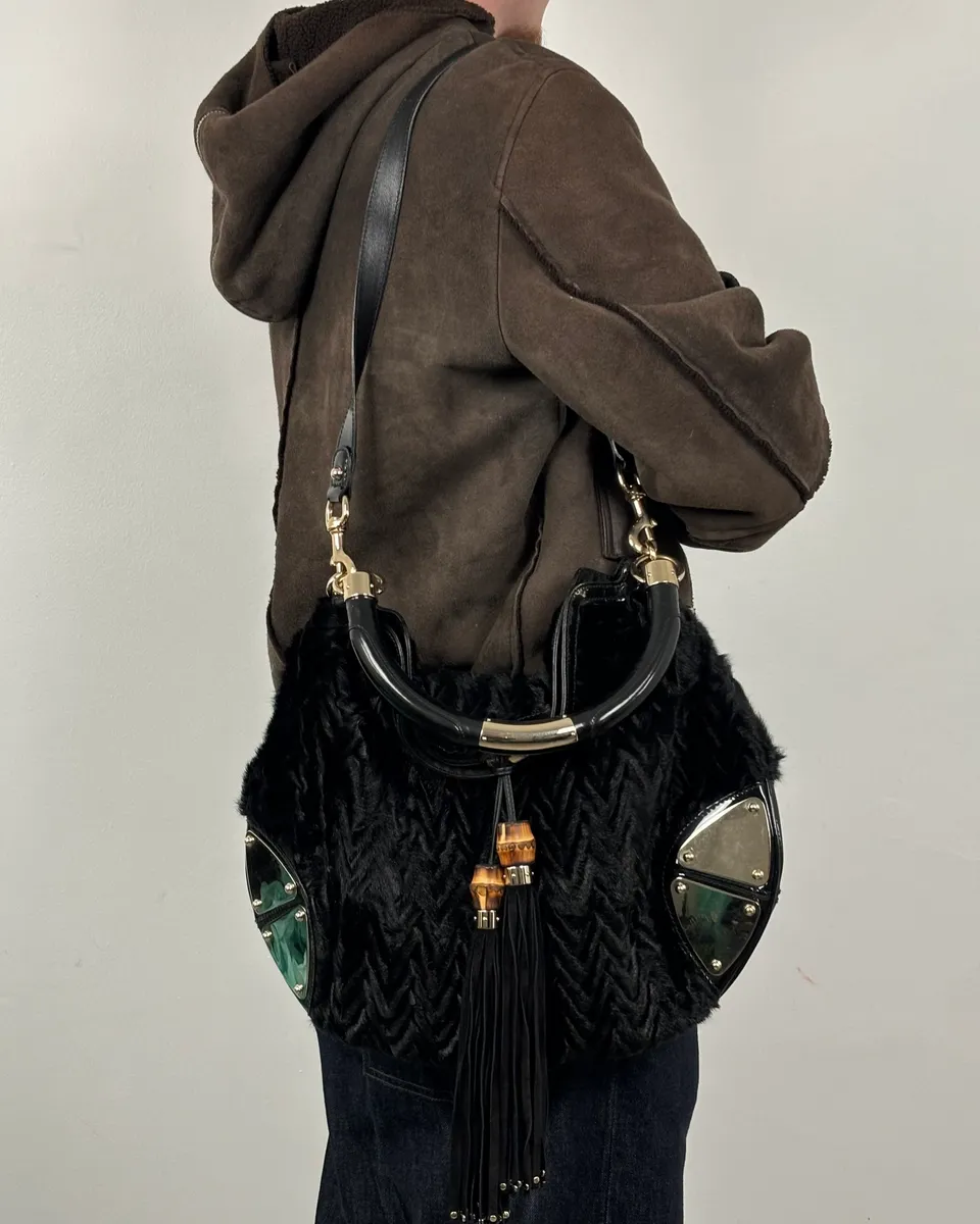 AW2008 Gucci Black Karakul Indy Fur Bamboo Handle Bag - Image 3