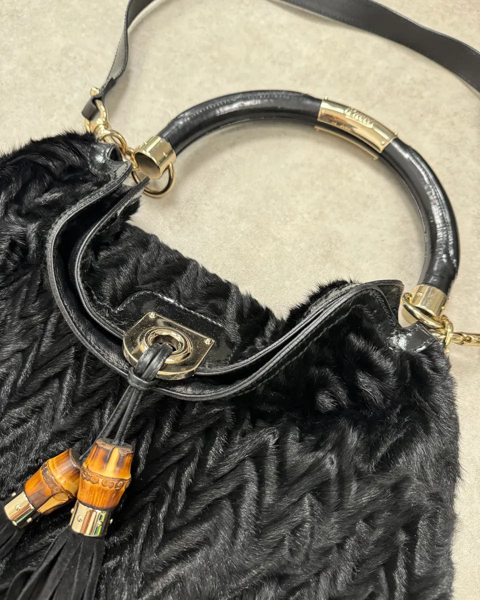 AW2008 Gucci Black Karakul Indy Fur Bamboo Handle Bag - Image 5