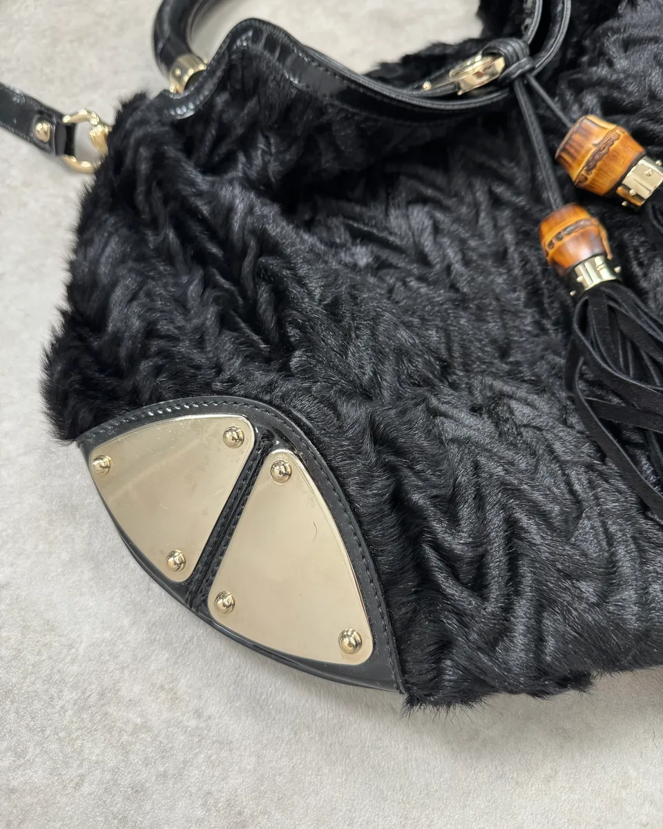AW2008 Gucci Black Karakul Indy Fur Bamboo Handle Bag - Image 6