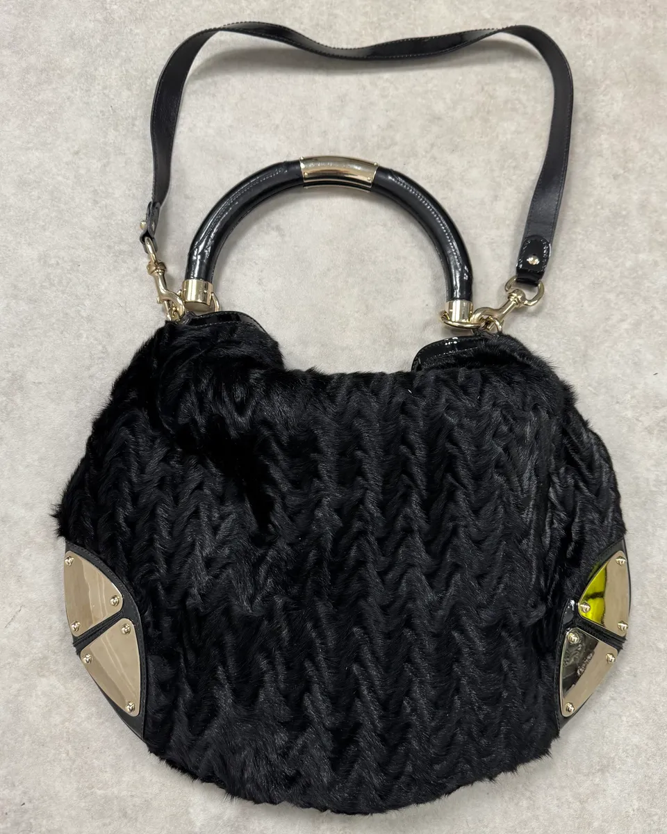 AW2008 Gucci Black Karakul Indy Fur Bamboo Handle Bag - Image 8