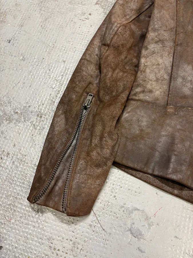 AW2008 Maison Margiela Brown 5-Zip Eroded Leather Biker Jacket - Image 10