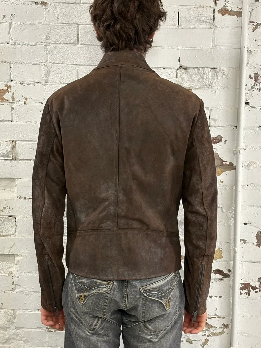 AW2008 Maison Margiela Brown 5-Zip Eroded Leather Biker Jacket - Image 3
