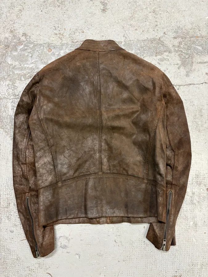 AW2008 Maison Margiela Brown 5-Zip Eroded Leather Biker Jacket - Image 7