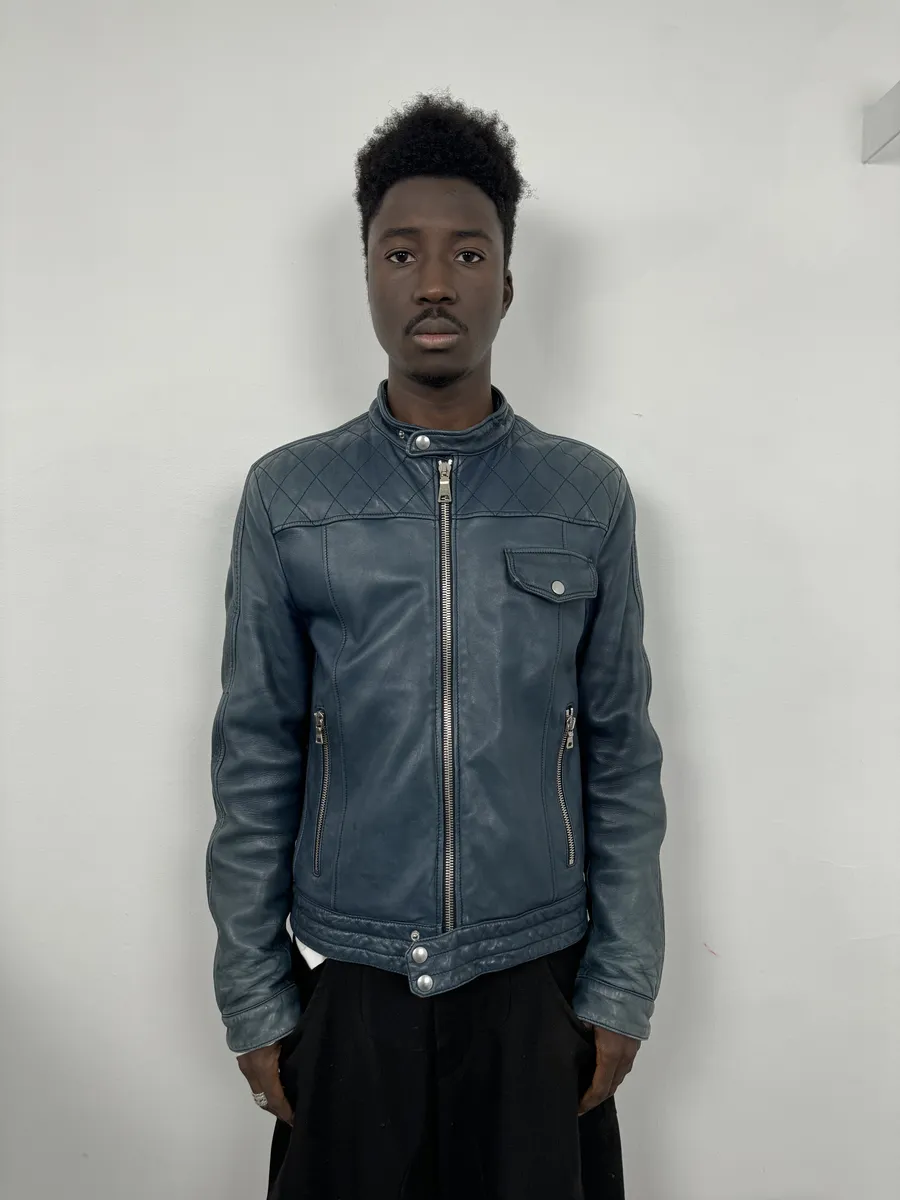 AW2008 Prada Navy Biker Leather Jacket - Image 3