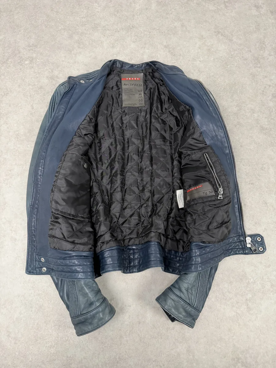 AW2008 Prada Navy Biker Leather Jacket - Image 5