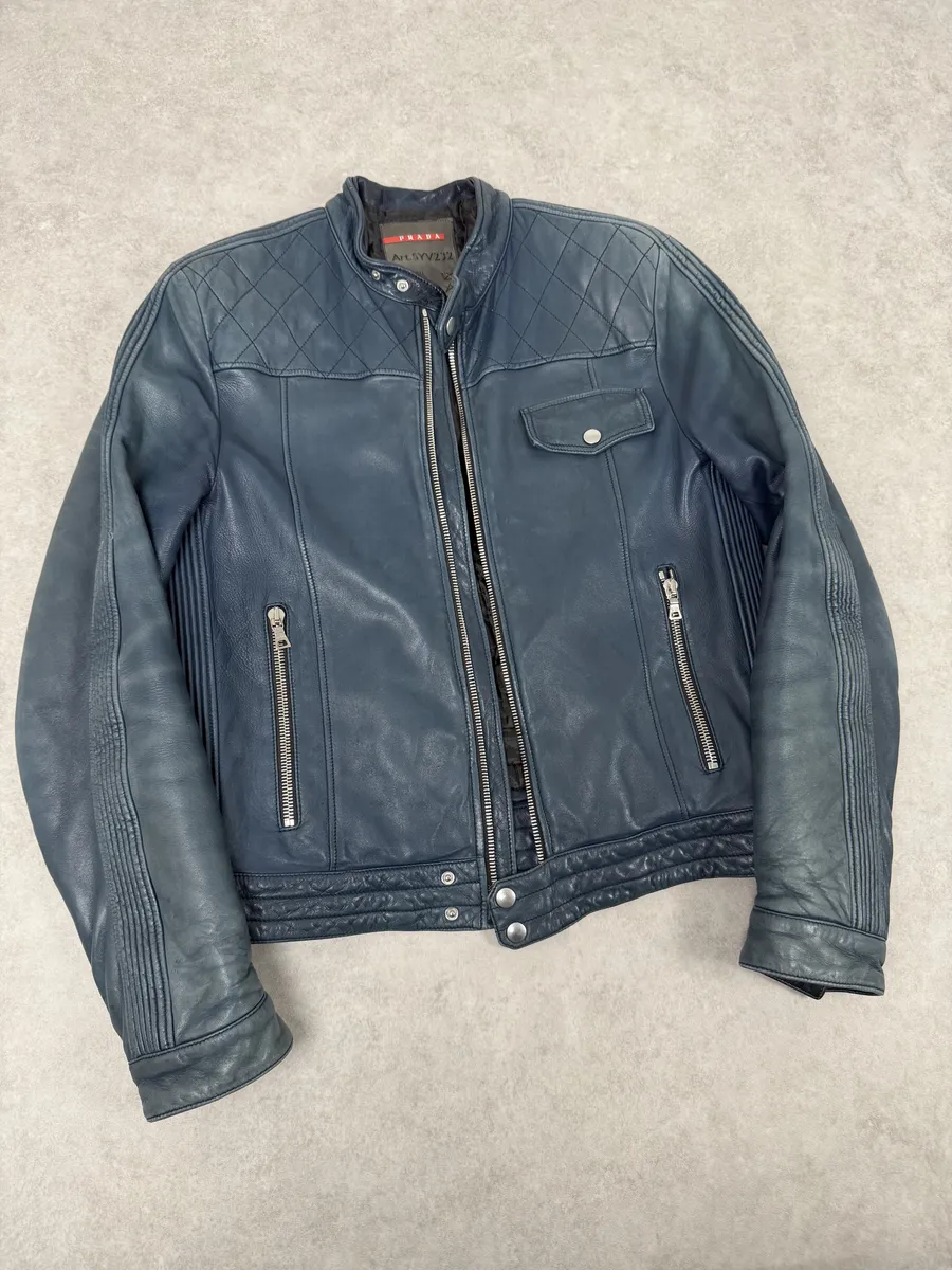 AW2008 Prada Navy Biker Leather Jacket - Image 6