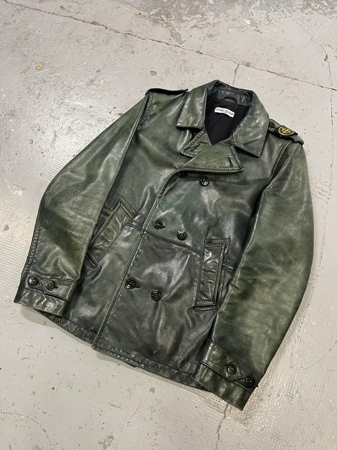 AW2008 Stone Island Green Patina Leather Eroded Green Officer Jacket - Image 6