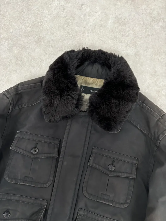 AW2009 Dsquared2 Black Fur Collar Denim Bomber Jacket - Image 4
