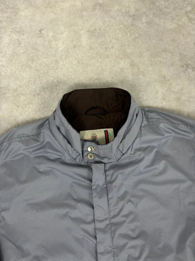 AW2009 Gucci Blue Nylon Checkered Striped Ribbing Bomber Jacket - Image 4