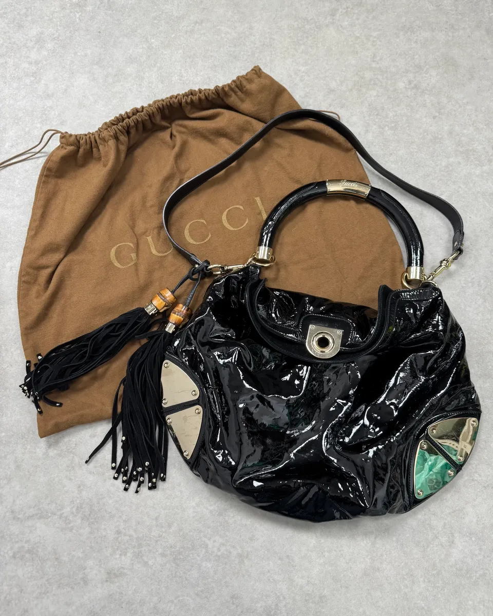 AW2009 Gucci Indy Black Shinny Leather Bamboo Handle Bag by Frida Giannini - Image 2