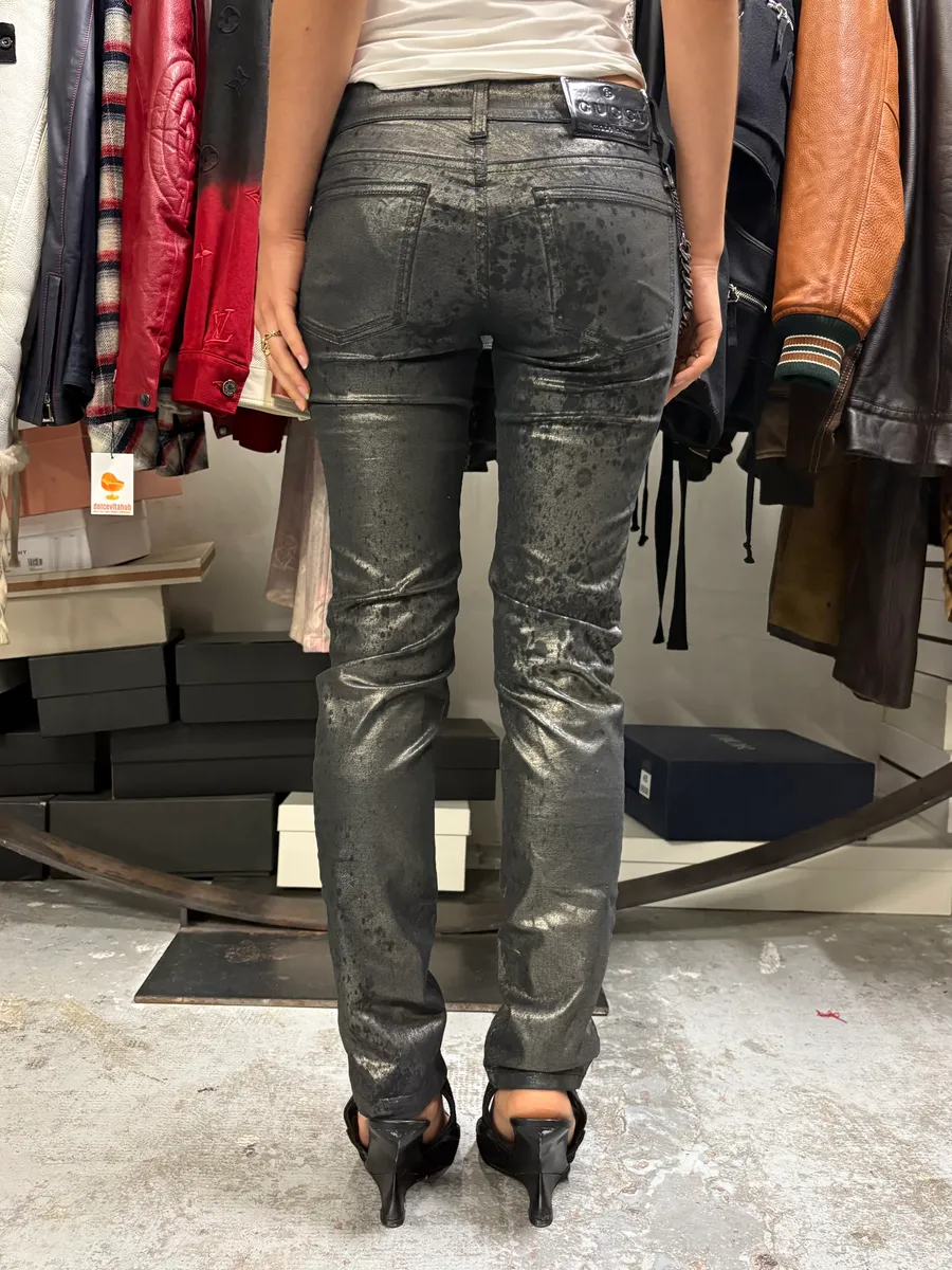 AW2009 Gucci Silver Waxed Black Black Chain Pants - Image 3