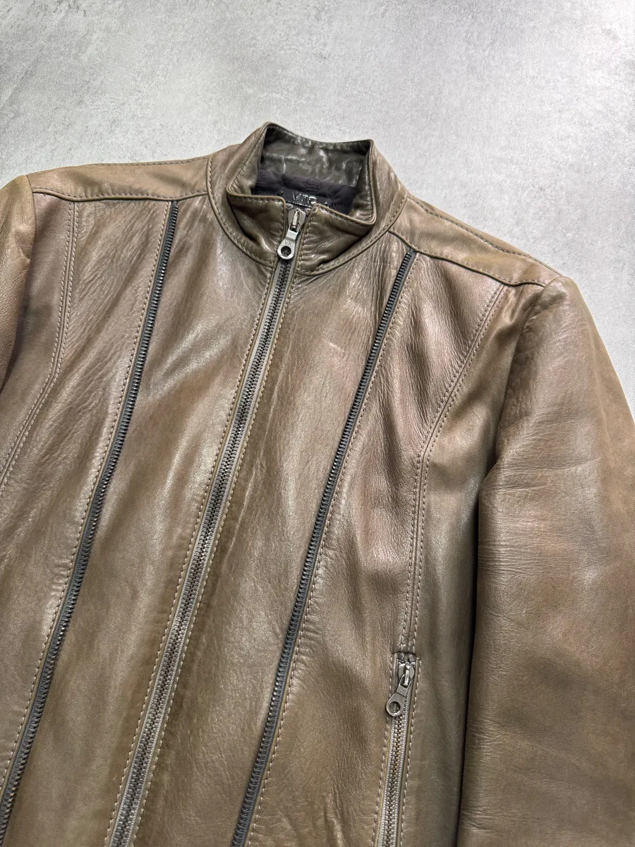 AW2009 Versace Triple Zips Brown Leather Jacket - Image 3