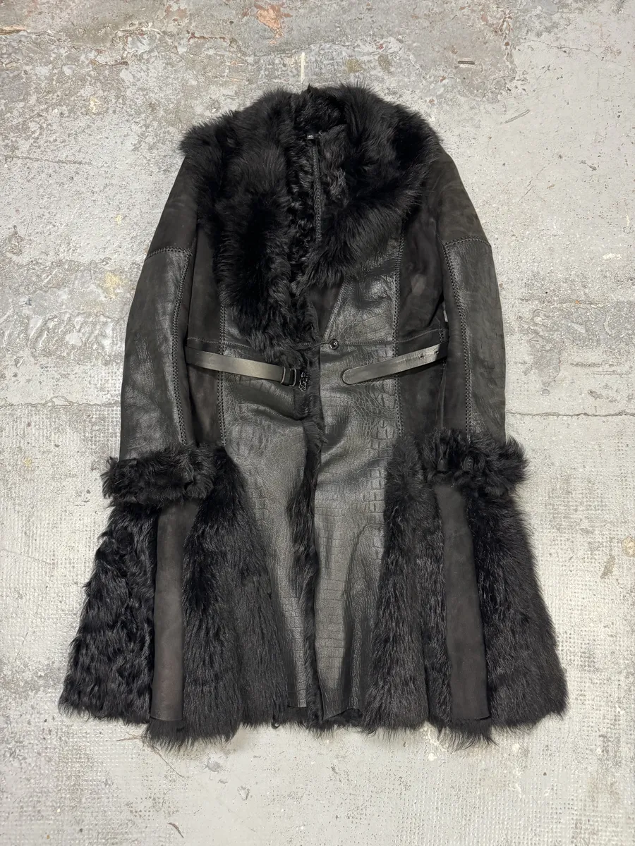 AW2010 Cavalli Black Leather Crocodile Effect Fur Royal Long Jacket - Image 5