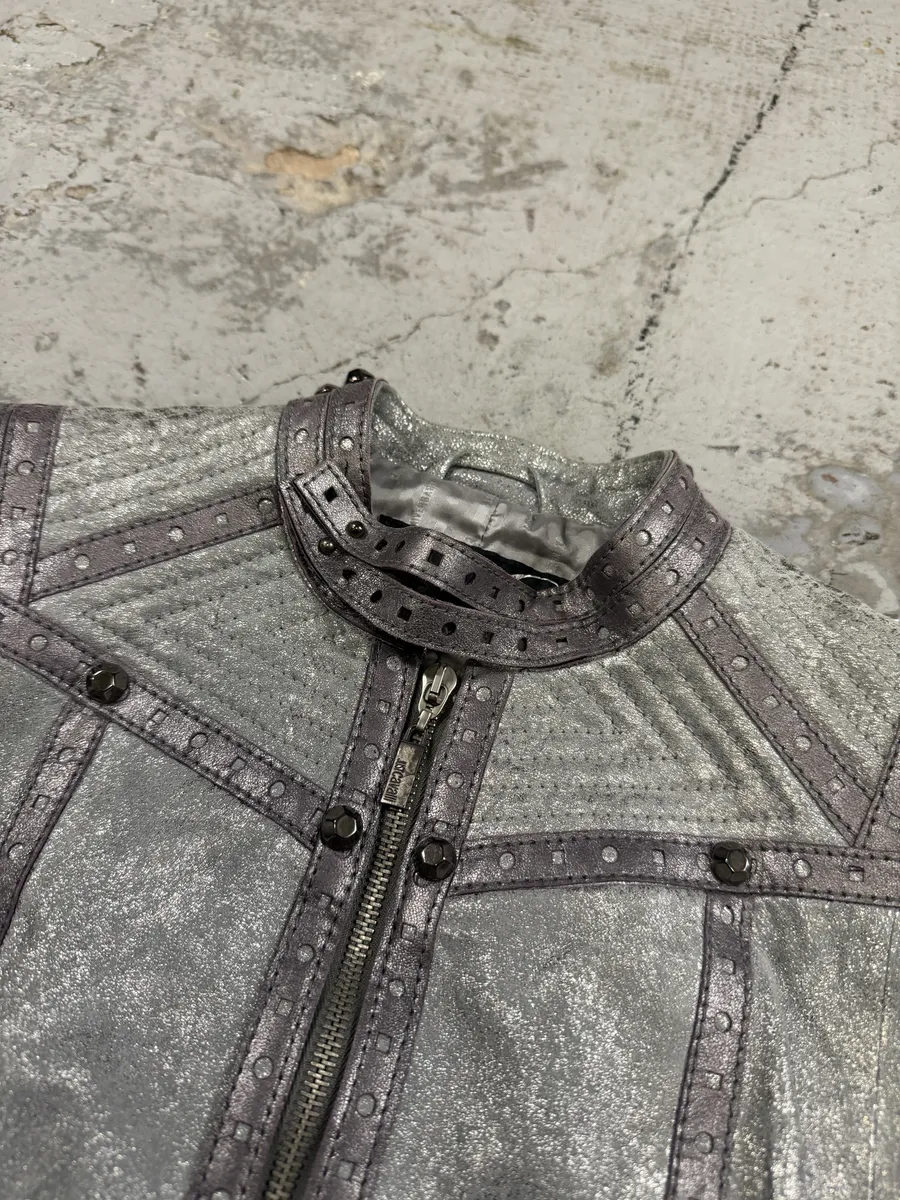 AW2010 Cavalli Grey Soldier Leather Studded Jacket - Image 8