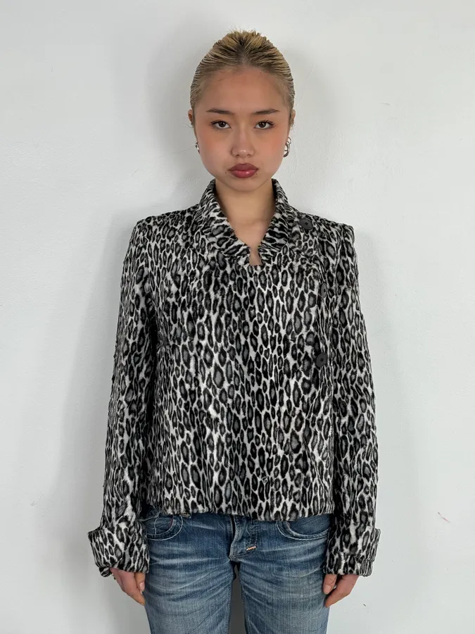 AW2010 Emporio Armani Black White Leopard Print Cozy Biker Jacket