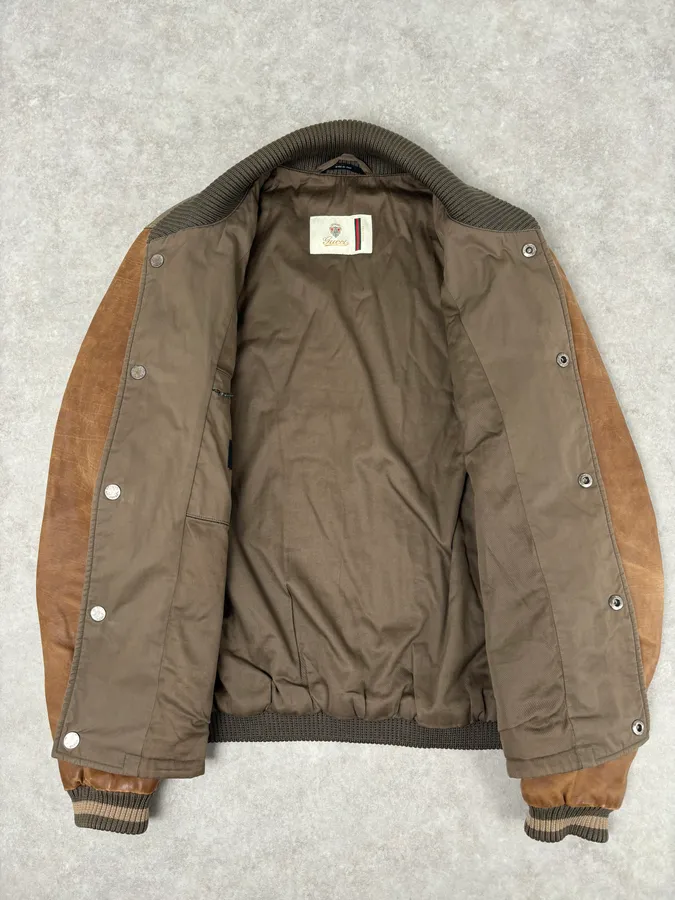 AW2010 Gucci Brown Hybrid Leather Sleeve Bomber Jacket - Image 8