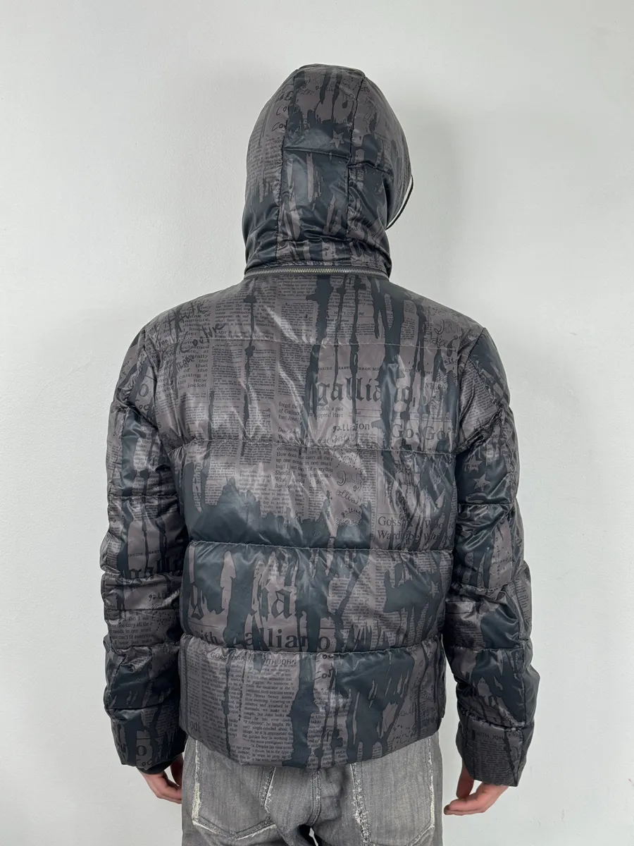 AW2010 John Galliano Magazine Newspapers Black & Brown Hooded Puffer Jacket - Image 5