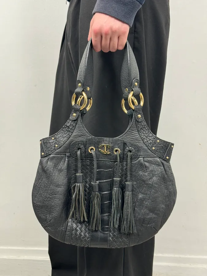 AW2011 Cavalli Tassel Black Leather Hobo Handle Bag - Image 2