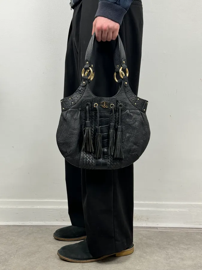 AW2011 Cavalli Tassel Black Leather Hobo Handle Bag - Image 3