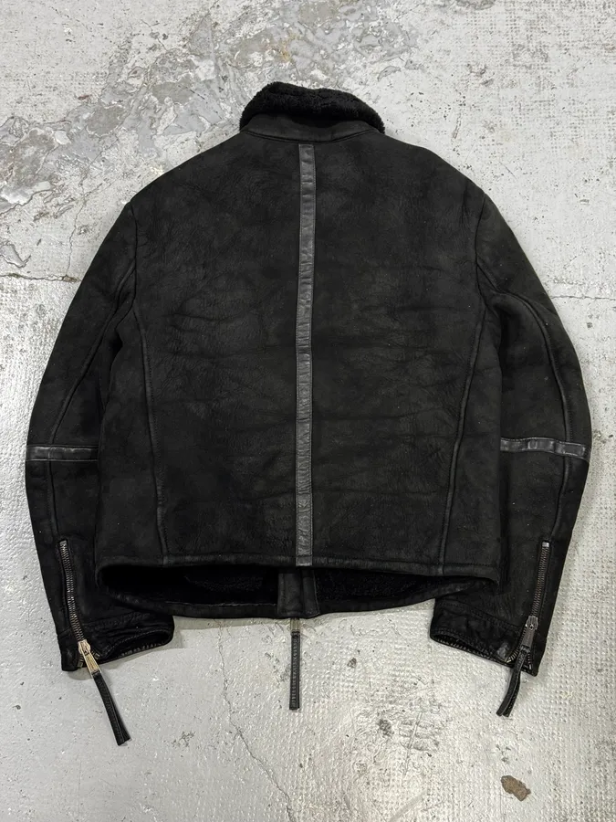 AW2011 Dsquared2 Black Leather Shearling Collar Bomber Jacket - Image 4