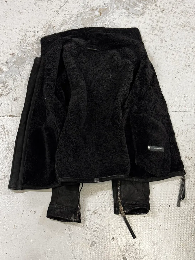 AW2011 Dsquared2 Black Leather Shearling Collar Bomber Jacket - Image 7