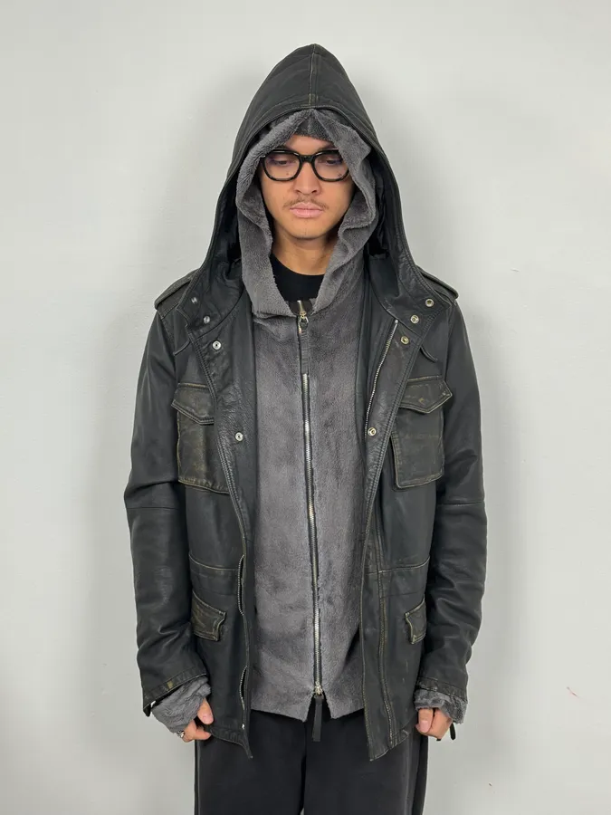 AW2011 Emporio Armani Hooded Faded Black Leather Jacket - Image 2