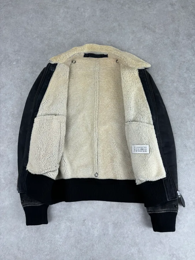 AW2011 Maison Margiela Shearling Faded Black Leather Jacket - Image 7