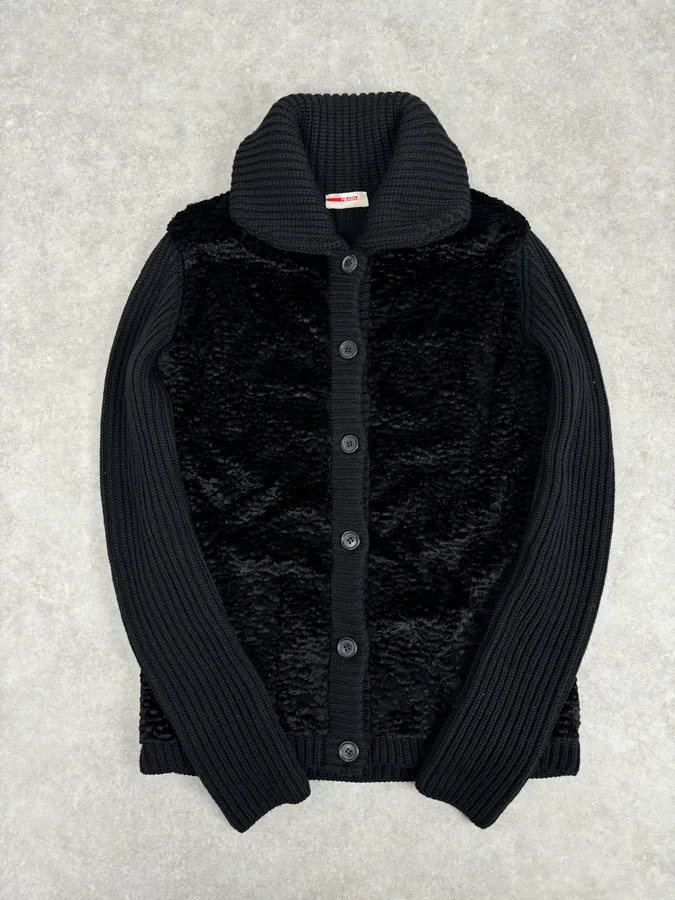 AW2011 Prada Black Officer Wool Textured Knit Cardigan Sweater