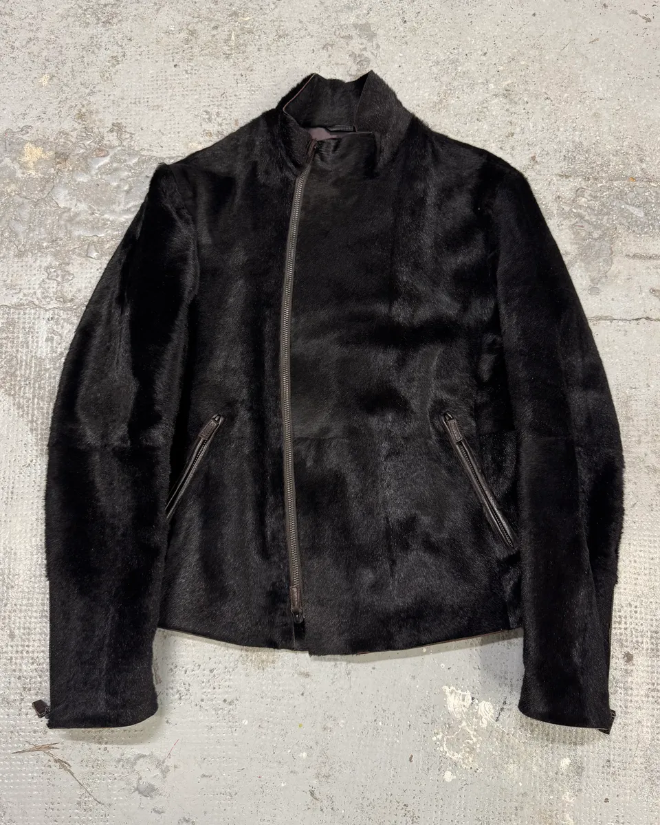 AW2012 Emporio Armani Asymmetrical Zip Black Pony Hair Leather Jacket