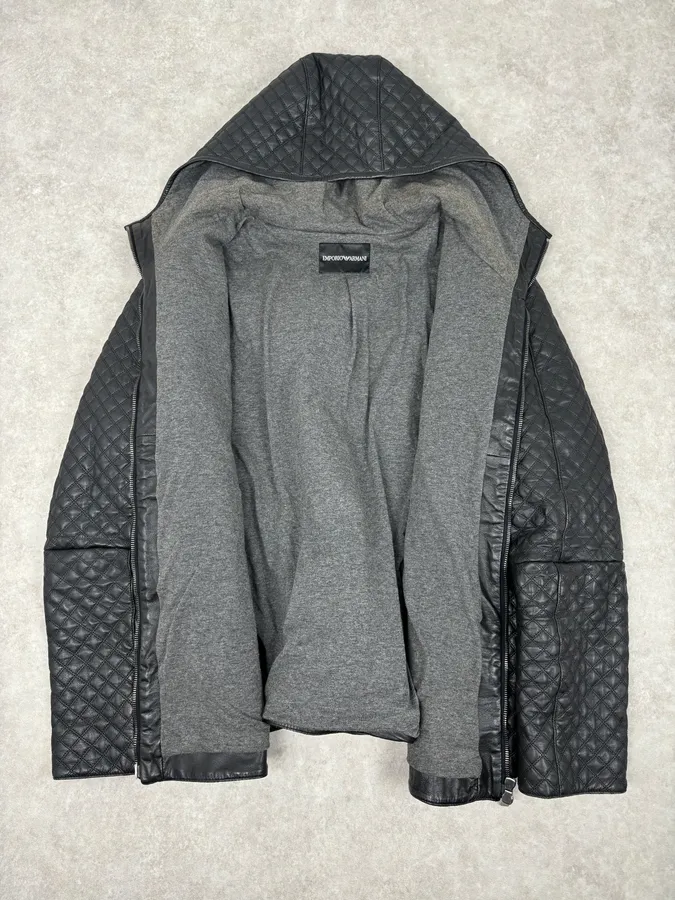 AW2012 Emporio Armani Black Leather Hooded Quilted Jacket - Image 7