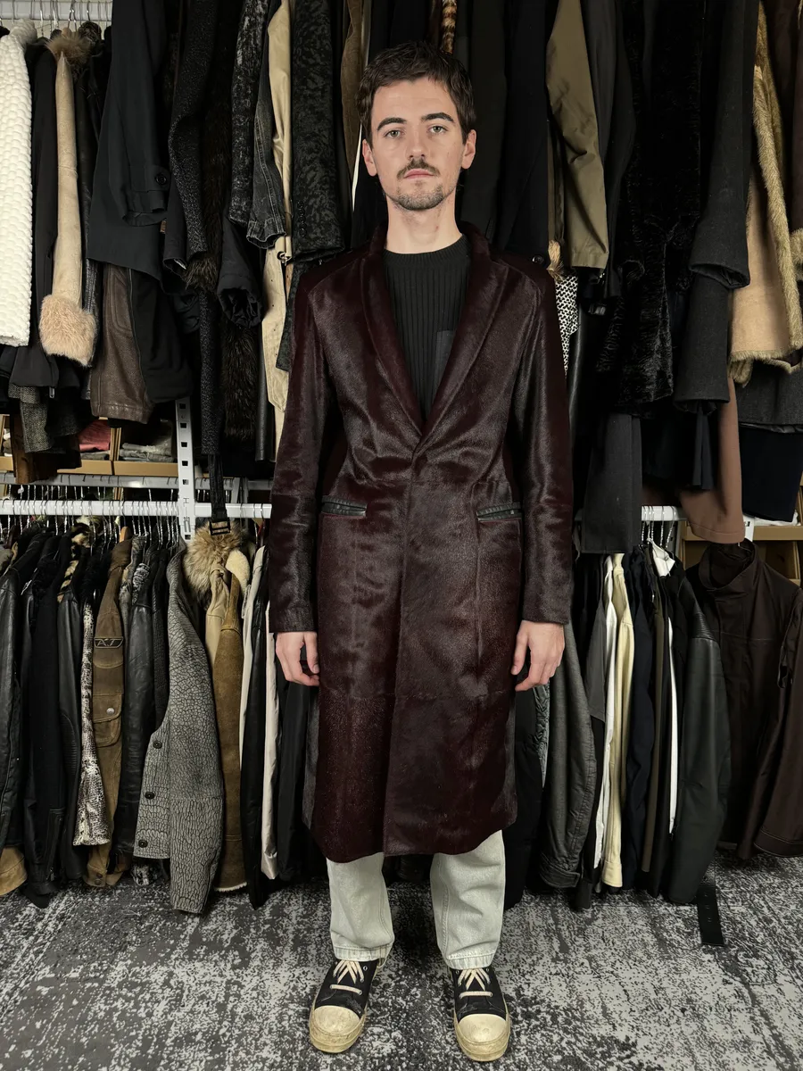 AW2012 Emporio Armani Red Bordeaux Pony Hair Leather Trench Coat - Image 4
