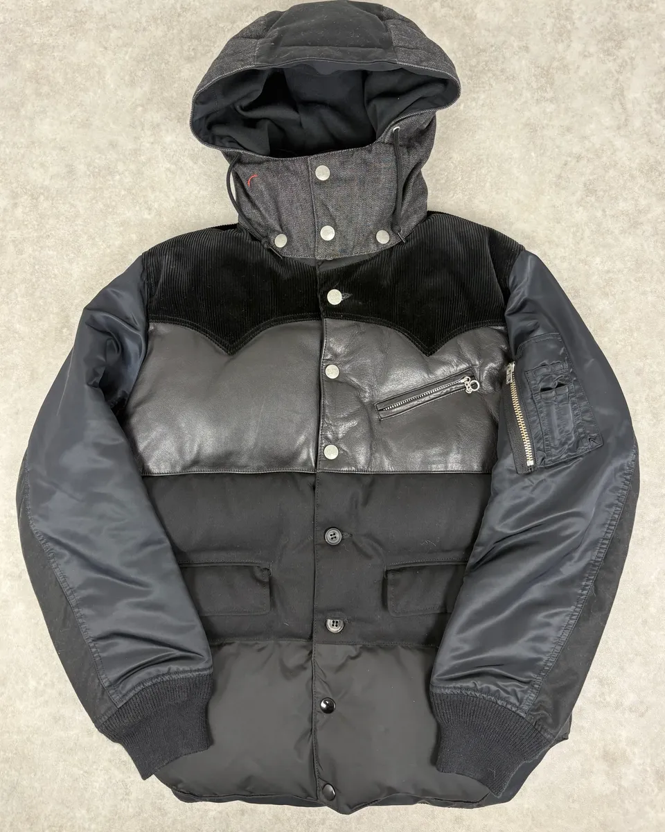 AW2013 Comme des Garçons Ganryu Black Leather Hooded Puffer Nylon Jacket