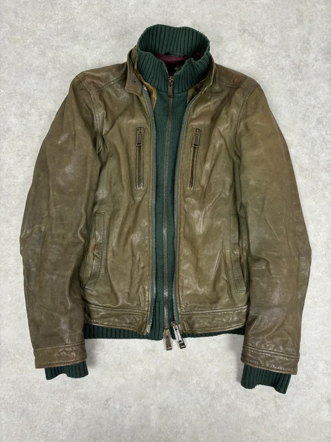 AW2013 Dsquared2 Khaki Biker Layered Double Zip Leather Jacket