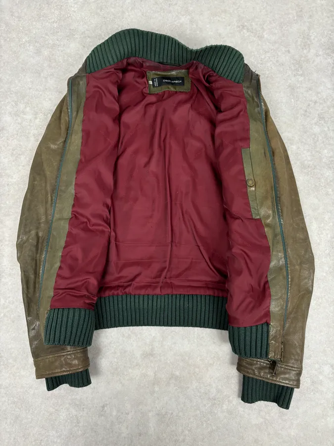 AW2013 Dsquared2 Khaki Biker Layered Double Zip Leather Jacket - Image 11
