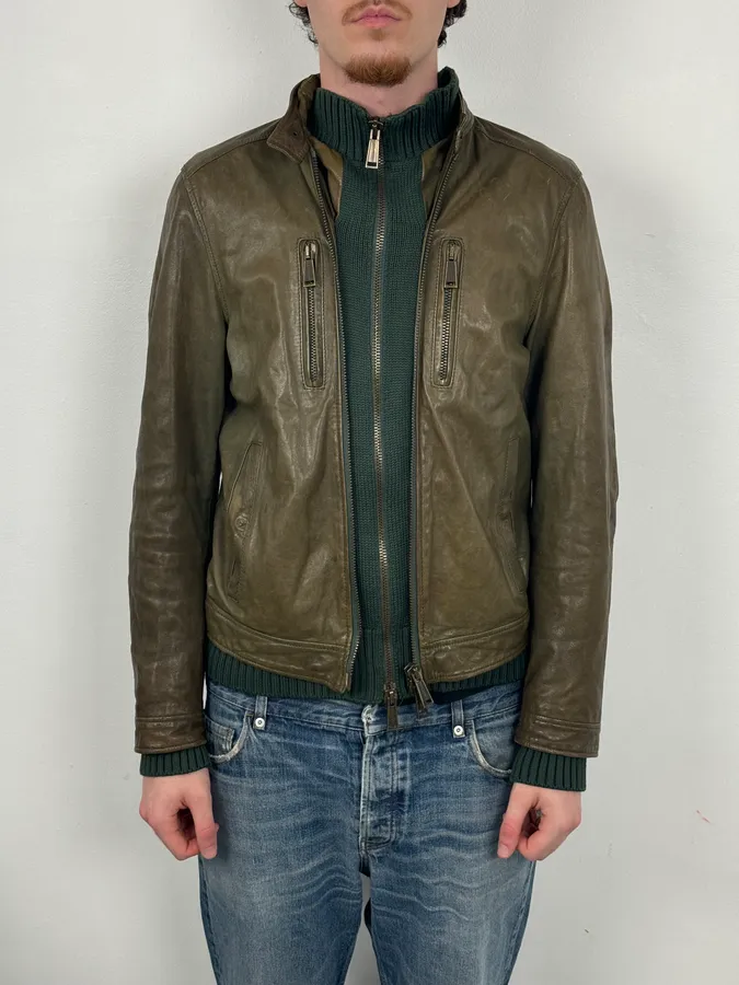 AW2013 Dsquared2 Khaki Biker Layered Double Zip Leather Jacket - Image 2