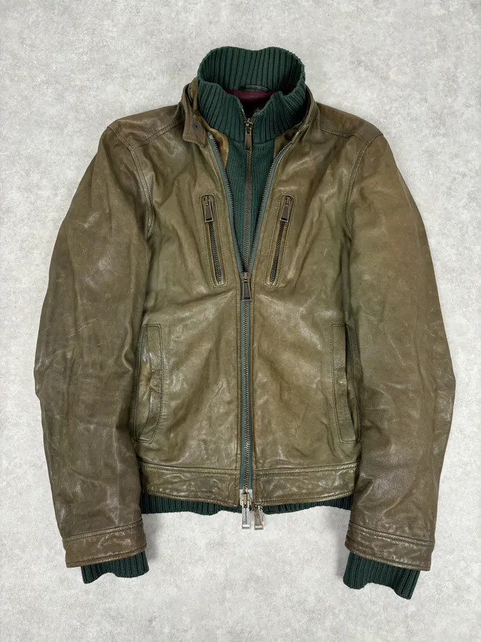AW2013 Dsquared2 Khaki Biker Layered Double Zip Leather Jacket - Image 4