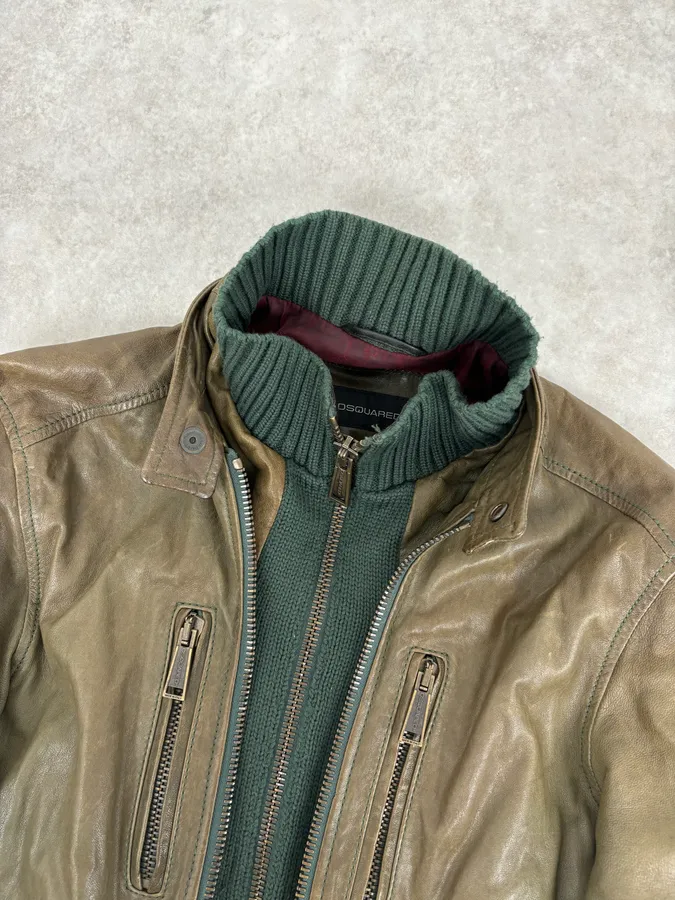 AW2013 Dsquared2 Khaki Biker Layered Double Zip Leather Jacket - Image 5