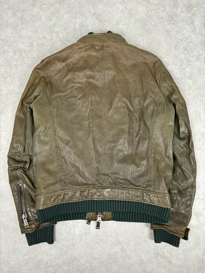 AW2013 Dsquared2 Khaki Biker Layered Double Zip Leather Jacket - Image 7