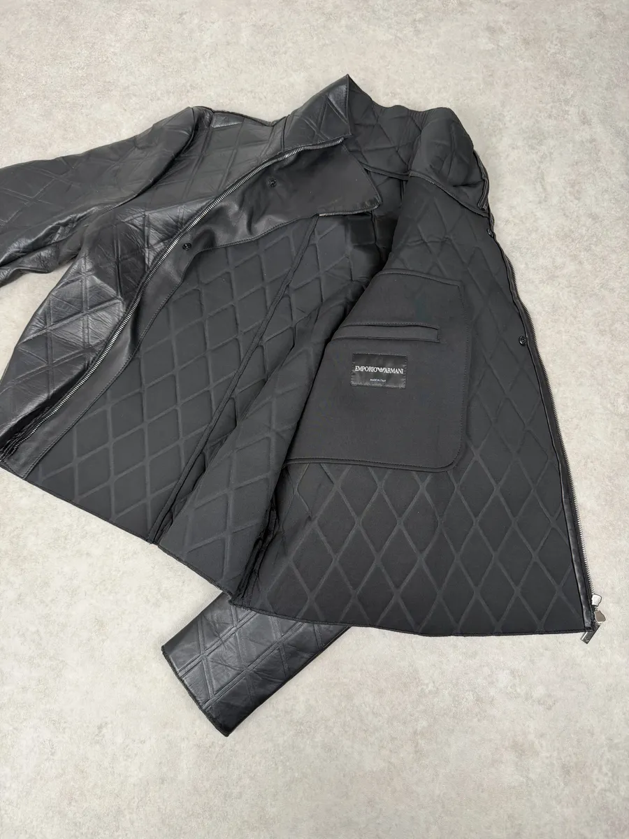 AW2013 Emporio Armani Black Asymmetrical Losange Leather Jacket - Image 13