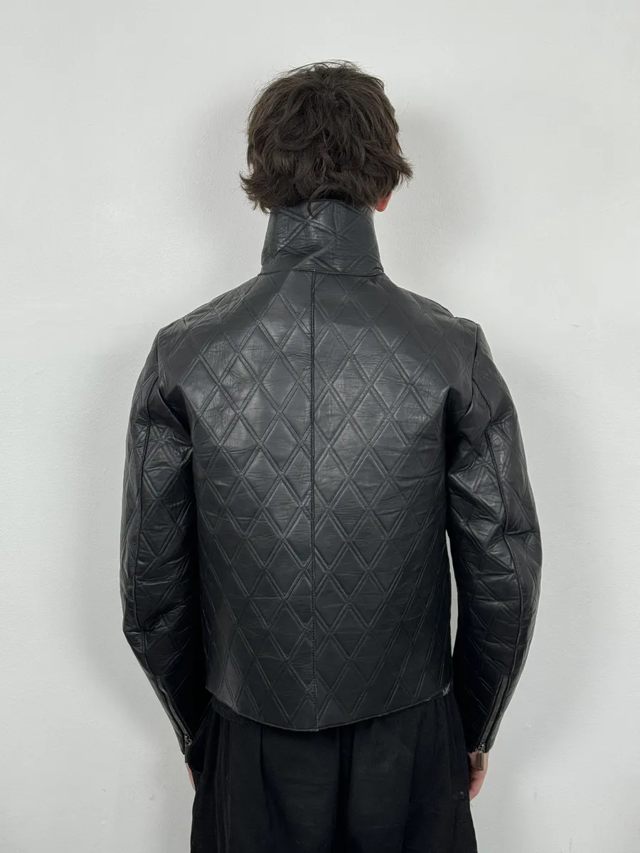 AW2013 Emporio Armani Black Asymmetrical Losange Leather Jacket - Image 4