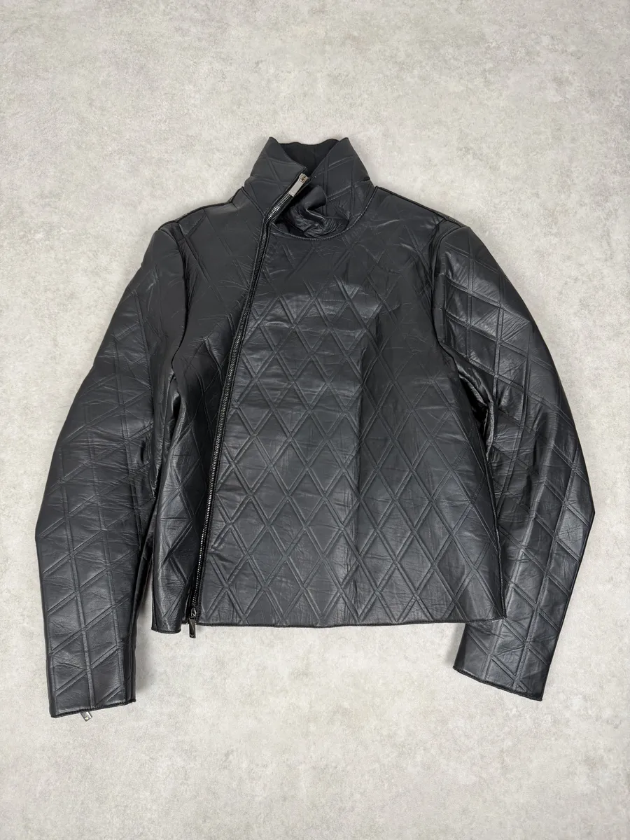 AW2013 Emporio Armani Black Asymmetrical Losange Leather Jacket - Image 5