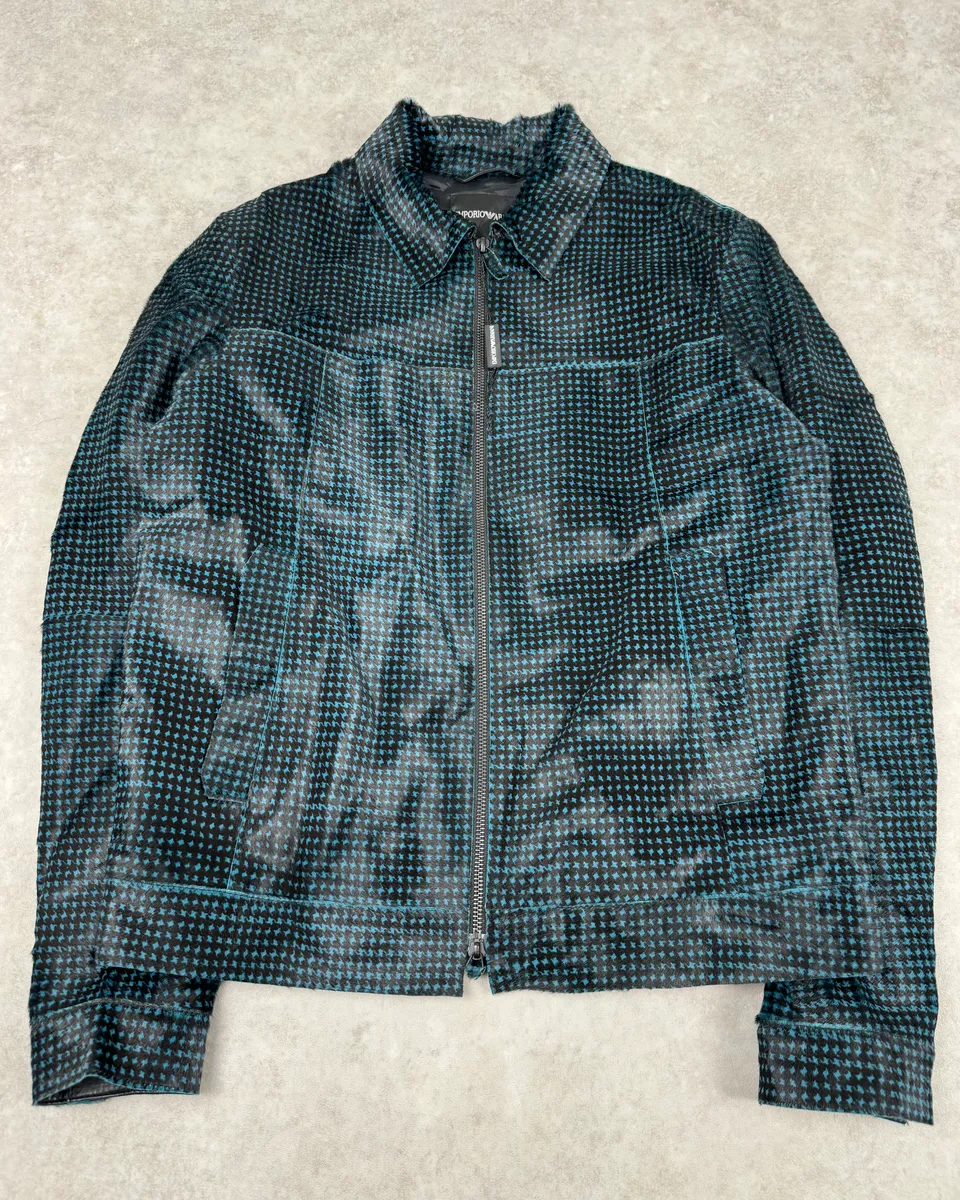 AW2013 Emporio Armani Pony Hair Blue & Black Leather Jacket - Image 4