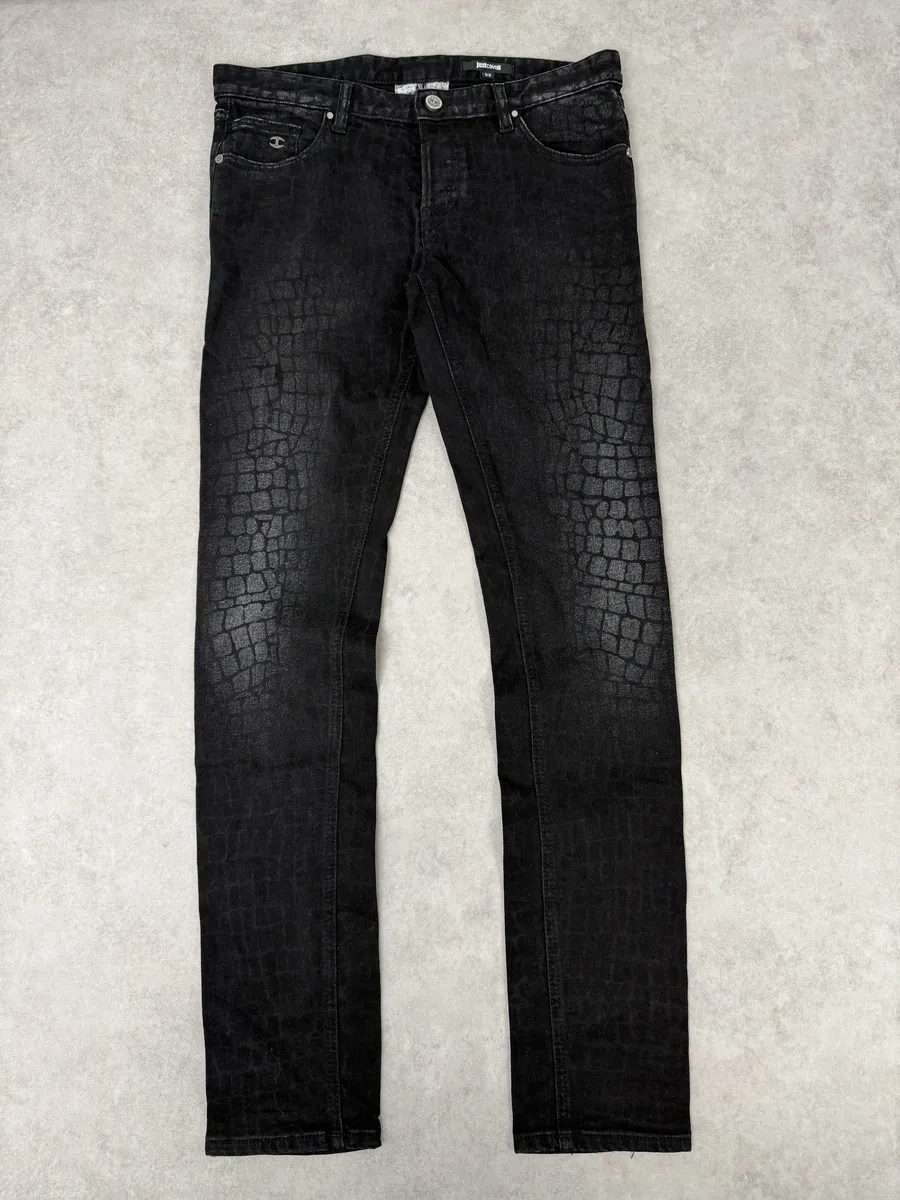 AW2014 Cavalli Black Crocodile Print Slim Pants