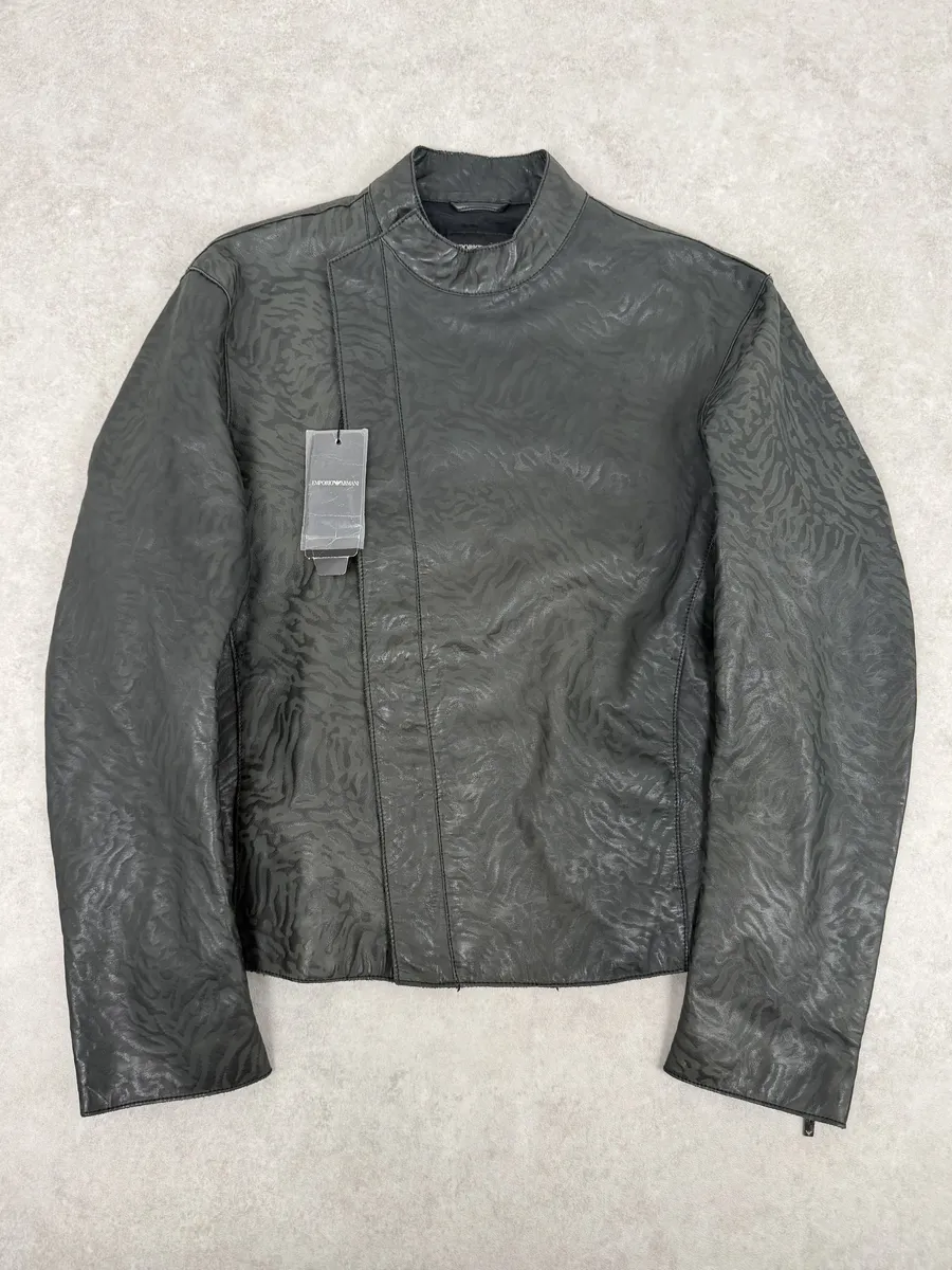 AW2014 Emporio Armani Relief Zebra Asymmetrical Biker Black Leather Jacket
