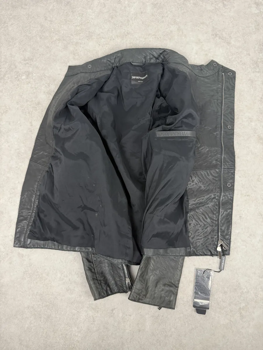 AW2014 Emporio Armani Relief Zebra Asymmetrical Biker Black Leather Jacket - Image 11