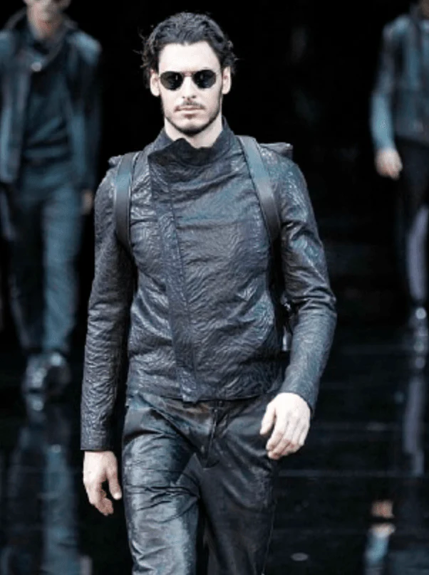 AW2014 Emporio Armani Relief Zebra Asymmetrical Biker Black Leather Jacket - Image 2